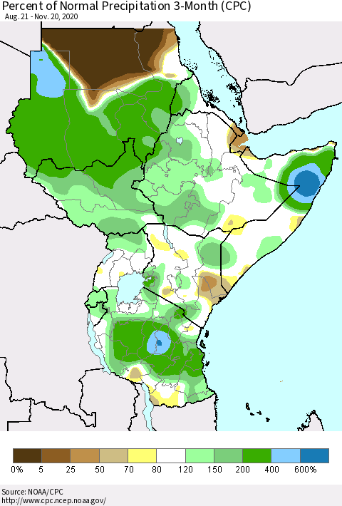 Eastern Africa Percent of Normal Precipitation 3-Month (CPC) Thematic Map For 8/21/2020 - 11/20/2020