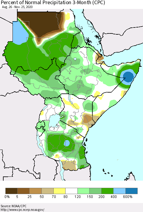 Eastern Africa Percent of Normal Precipitation 3-Month (CPC) Thematic Map For 8/26/2020 - 11/25/2020