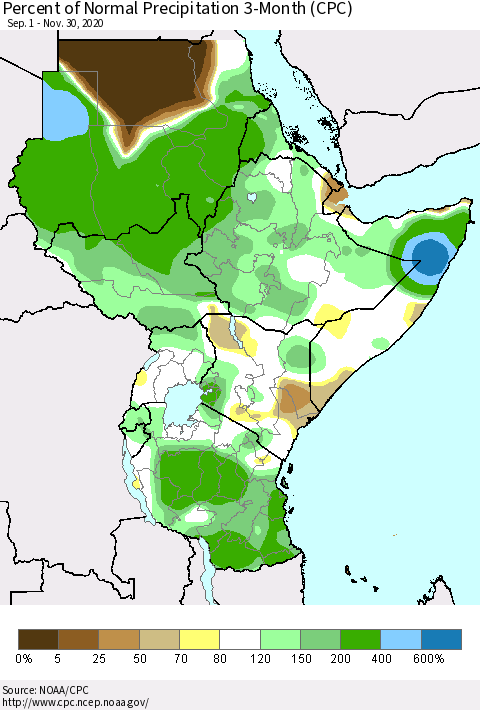 Eastern Africa Percent of Normal Precipitation 3-Month (CPC) Thematic Map For 9/1/2020 - 11/30/2020