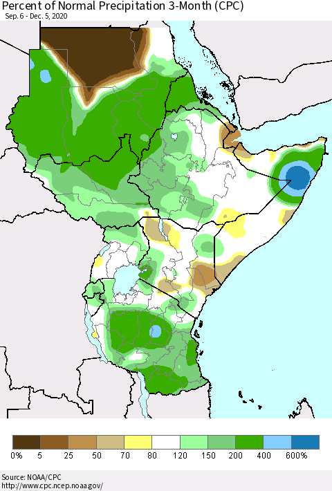 Eastern Africa Percent of Normal Precipitation 3-Month (CPC) Thematic Map For 9/6/2020 - 12/5/2020