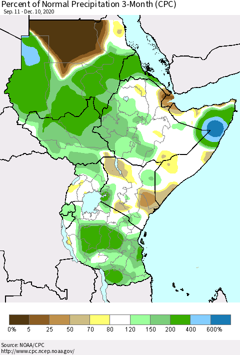 Eastern Africa Percent of Normal Precipitation 3-Month (CPC) Thematic Map For 9/11/2020 - 12/10/2020