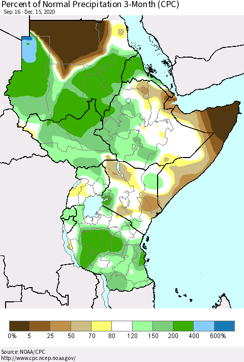 Eastern Africa Percent of Normal Precipitation 3-Month (CPC) Thematic Map For 9/16/2020 - 12/15/2020