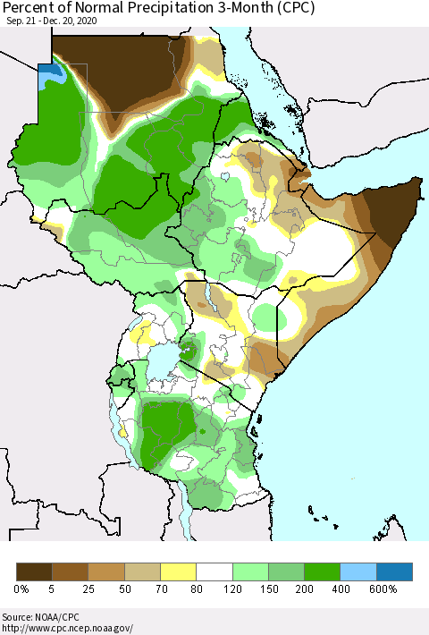 Eastern Africa Percent of Normal Precipitation 3-Month (CPC) Thematic Map For 9/21/2020 - 12/20/2020