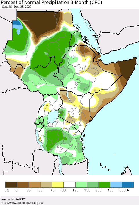 Eastern Africa Percent of Normal Precipitation 3-Month (CPC) Thematic Map For 9/26/2020 - 12/25/2020