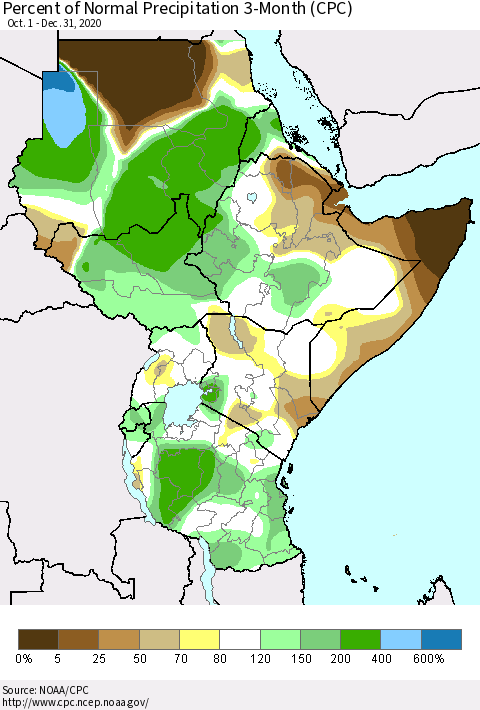 Eastern Africa Percent of Normal Precipitation 3-Month (CPC) Thematic Map For 10/1/2020 - 12/31/2020