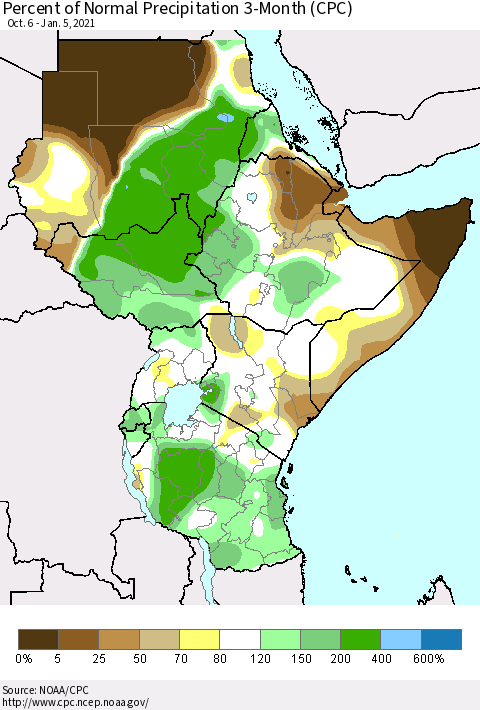 Eastern Africa Percent of Normal Precipitation 3-Month (CPC) Thematic Map For 10/6/2020 - 1/5/2021