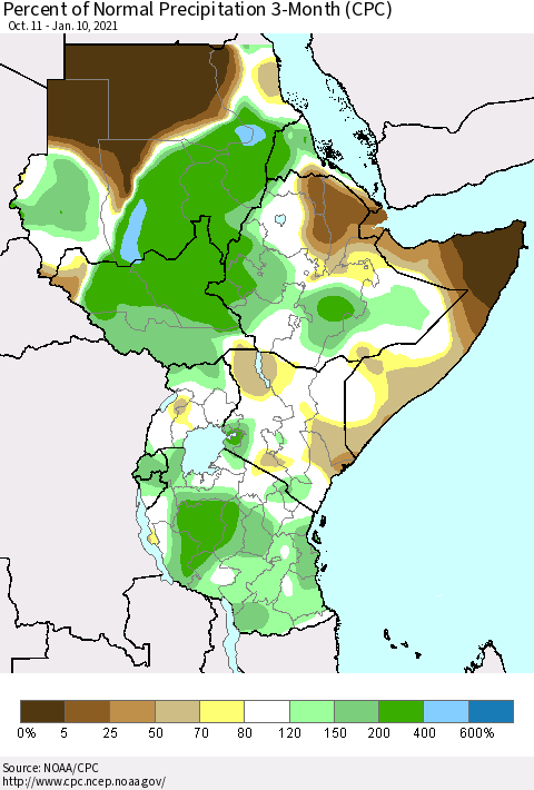 Eastern Africa Percent of Normal Precipitation 3-Month (CPC) Thematic Map For 10/11/2020 - 1/10/2021