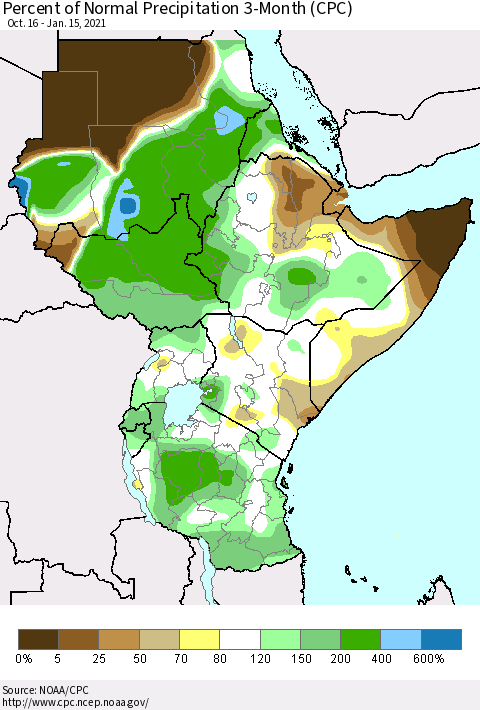 Eastern Africa Percent of Normal Precipitation 3-Month (CPC) Thematic Map For 10/16/2020 - 1/15/2021