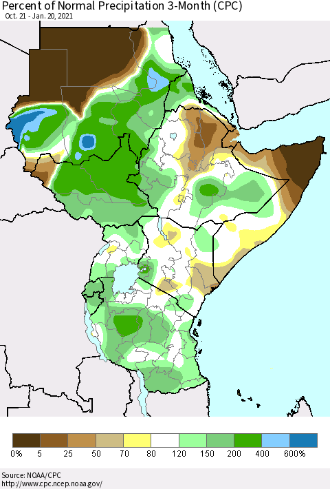 Eastern Africa Percent of Normal Precipitation 3-Month (CPC) Thematic Map For 10/21/2020 - 1/20/2021