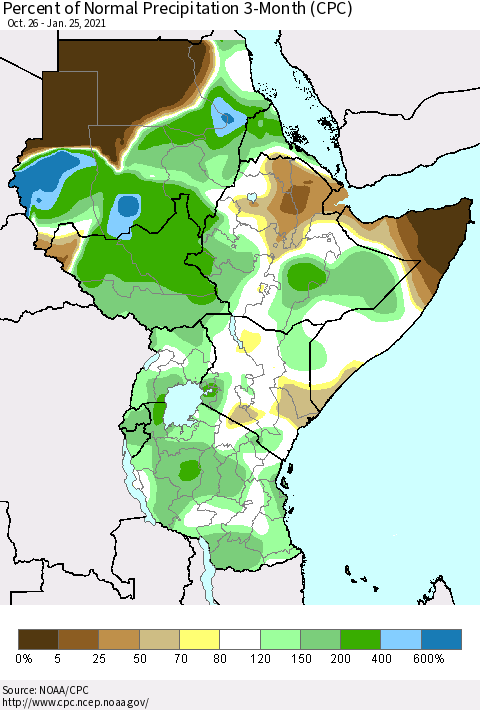 Eastern Africa Percent of Normal Precipitation 3-Month (CPC) Thematic Map For 10/26/2020 - 1/25/2021