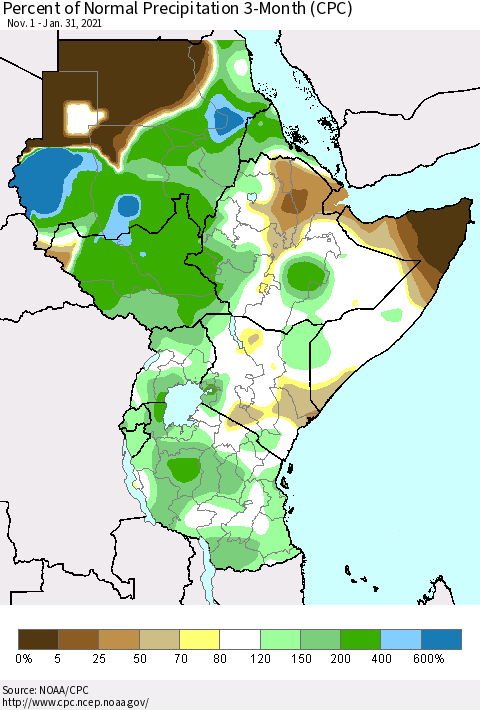 Eastern Africa Percent of Normal Precipitation 3-Month (CPC) Thematic Map For 11/1/2020 - 1/31/2021