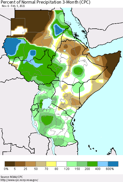 Eastern Africa Percent of Normal Precipitation 3-Month (CPC) Thematic Map For 11/6/2020 - 2/5/2021