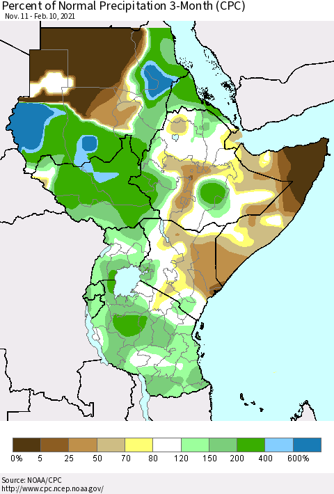 Eastern Africa Percent of Normal Precipitation 3-Month (CPC) Thematic Map For 11/11/2020 - 2/10/2021