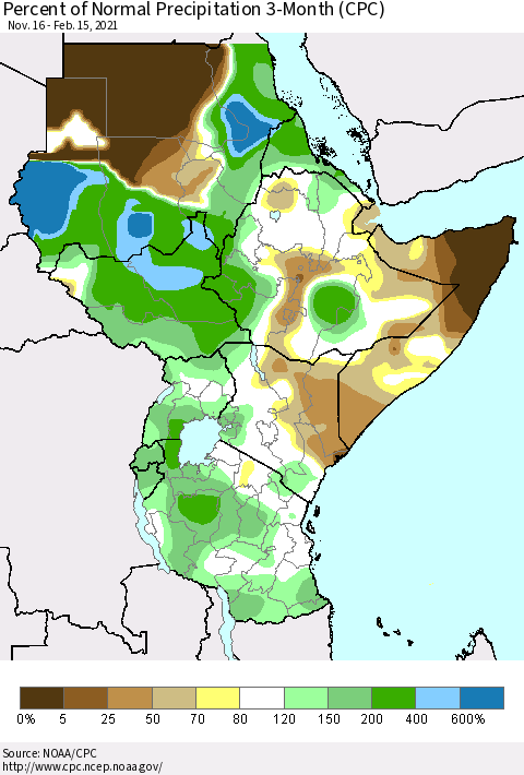 Eastern Africa Percent of Normal Precipitation 3-Month (CPC) Thematic Map For 11/16/2020 - 2/15/2021