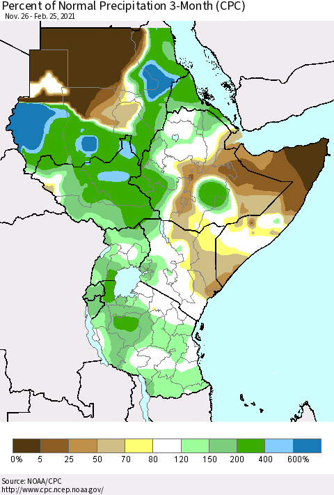 Eastern Africa Percent of Normal Precipitation 3-Month (CPC) Thematic Map For 11/26/2020 - 2/25/2021