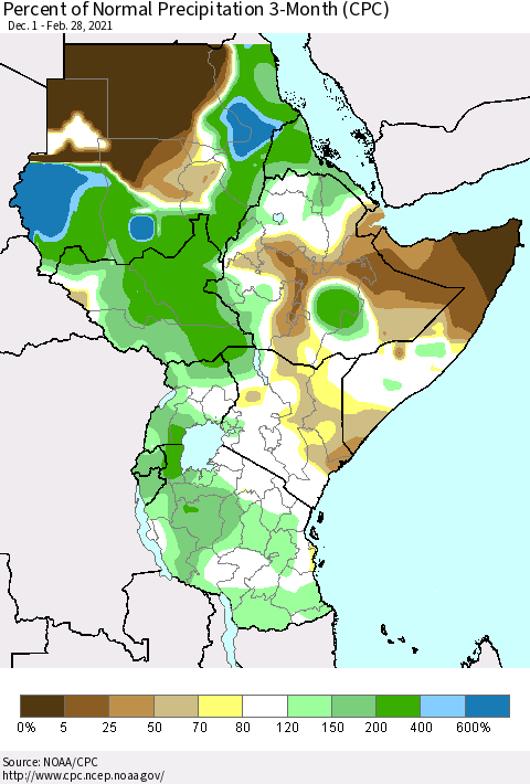 Eastern Africa Percent of Normal Precipitation 3-Month (CPC) Thematic Map For 12/1/2020 - 2/28/2021
