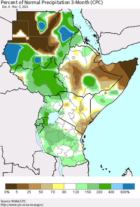 Eastern Africa Percent of Normal Precipitation 3-Month (CPC) Thematic Map For 12/6/2020 - 3/5/2021