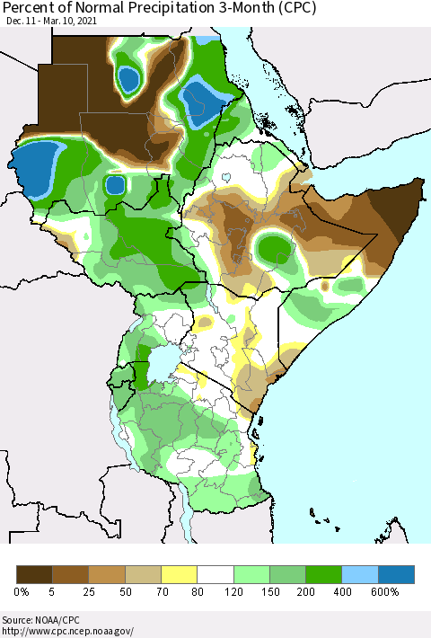 Eastern Africa Percent of Normal Precipitation 3-Month (CPC) Thematic Map For 12/11/2020 - 3/10/2021