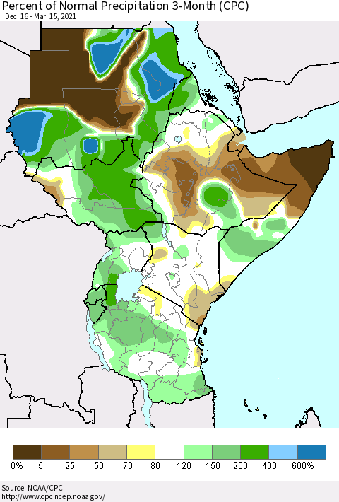 Eastern Africa Percent of Normal Precipitation 3-Month (CPC) Thematic Map For 12/16/2020 - 3/15/2021