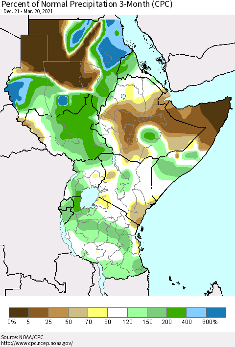 Eastern Africa Percent of Normal Precipitation 3-Month (CPC) Thematic Map For 12/21/2020 - 3/20/2021