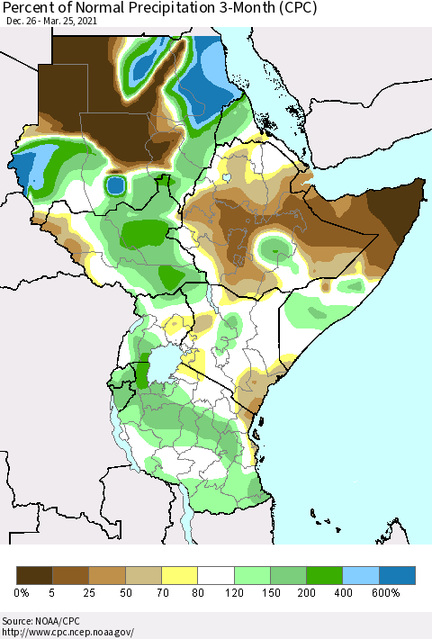 Eastern Africa Percent of Normal Precipitation 3-Month (CPC) Thematic Map For 12/26/2020 - 3/25/2021