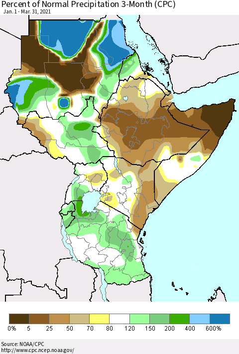 Eastern Africa Percent of Normal Precipitation 3-Month (CPC) Thematic Map For 1/1/2021 - 3/31/2021