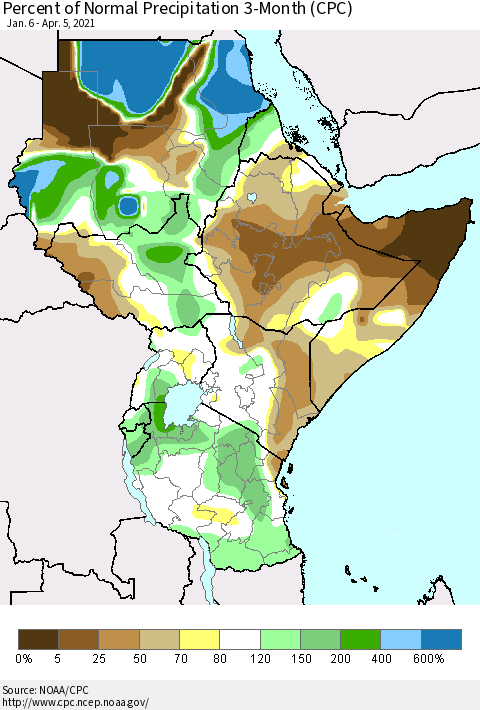 Eastern Africa Percent of Normal Precipitation 3-Month (CPC) Thematic Map For 1/6/2021 - 4/5/2021