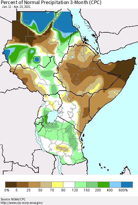 Eastern Africa Percent of Normal Precipitation 3-Month (CPC) Thematic Map For 1/11/2021 - 4/10/2021