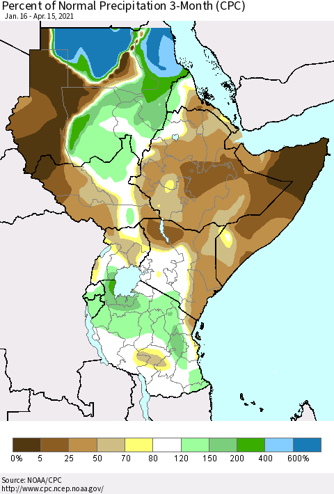 Eastern Africa Percent of Normal Precipitation 3-Month (CPC) Thematic Map For 1/16/2021 - 4/15/2021