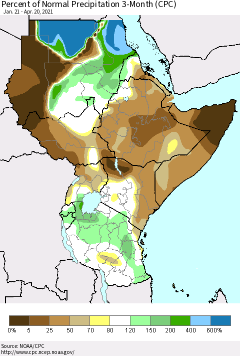 Eastern Africa Percent of Normal Precipitation 3-Month (CPC) Thematic Map For 1/21/2021 - 4/20/2021