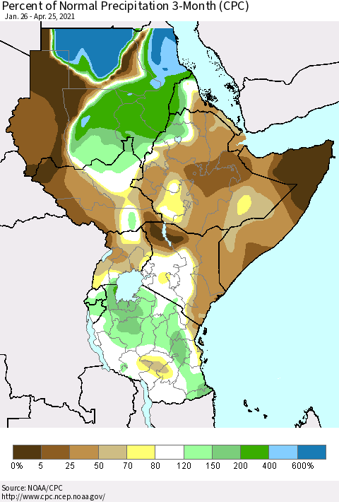 Eastern Africa Percent of Normal Precipitation 3-Month (CPC) Thematic Map For 1/26/2021 - 4/25/2021