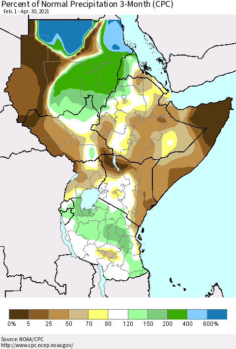 Eastern Africa Percent of Normal Precipitation 3-Month (CPC) Thematic Map For 2/1/2021 - 4/30/2021