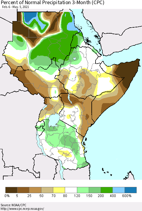 Eastern Africa Percent of Normal Precipitation 3-Month (CPC) Thematic Map For 2/6/2021 - 5/5/2021