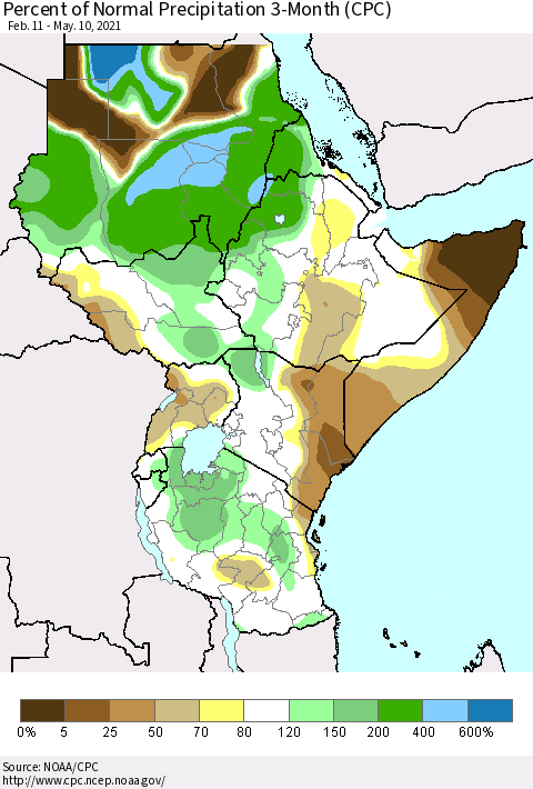Eastern Africa Percent of Normal Precipitation 3-Month (CPC) Thematic Map For 2/11/2021 - 5/10/2021