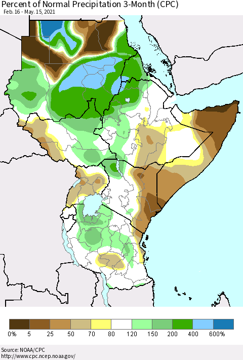 Eastern Africa Percent of Normal Precipitation 3-Month (CPC) Thematic Map For 2/16/2021 - 5/15/2021