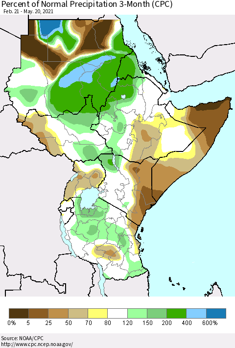 Eastern Africa Percent of Normal Precipitation 3-Month (CPC) Thematic Map For 2/21/2021 - 5/20/2021