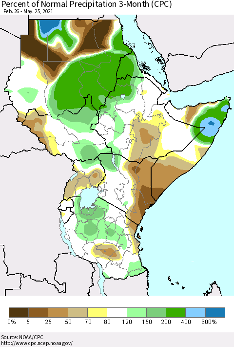 Eastern Africa Percent of Normal Precipitation 3-Month (CPC) Thematic Map For 2/26/2021 - 5/25/2021