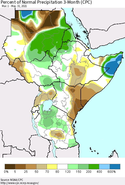 Eastern Africa Percent of Normal Precipitation 3-Month (CPC) Thematic Map For 3/1/2021 - 5/31/2021