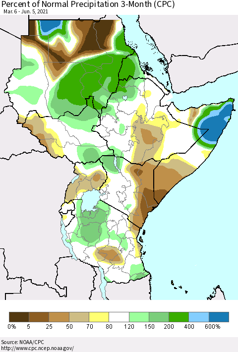 Eastern Africa Percent of Normal Precipitation 3-Month (CPC) Thematic Map For 3/6/2021 - 6/5/2021
