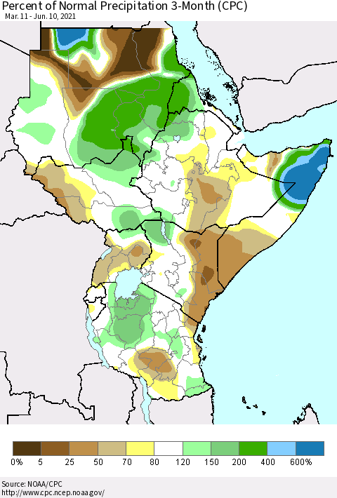 Eastern Africa Percent of Normal Precipitation 3-Month (CPC) Thematic Map For 3/11/2021 - 6/10/2021