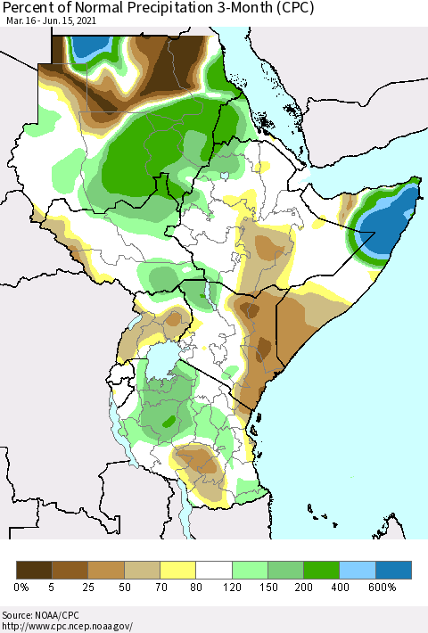 Eastern Africa Percent of Normal Precipitation 3-Month (CPC) Thematic Map For 3/16/2021 - 6/15/2021