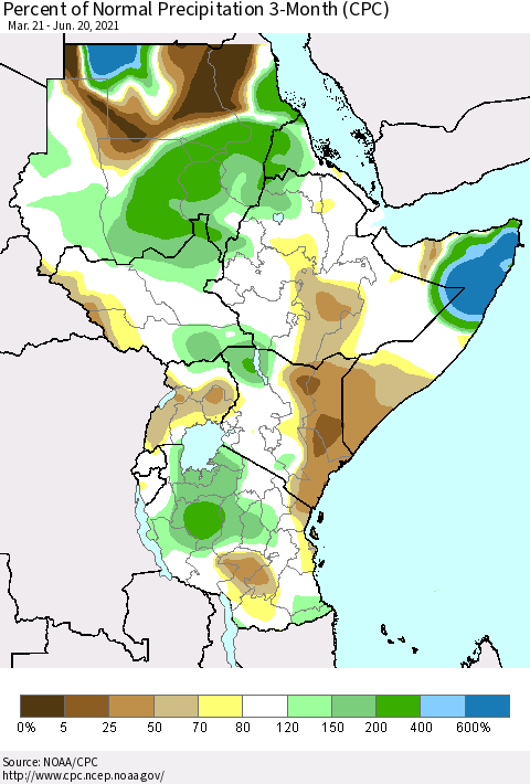 Eastern Africa Percent of Normal Precipitation 3-Month (CPC) Thematic Map For 3/21/2021 - 6/20/2021