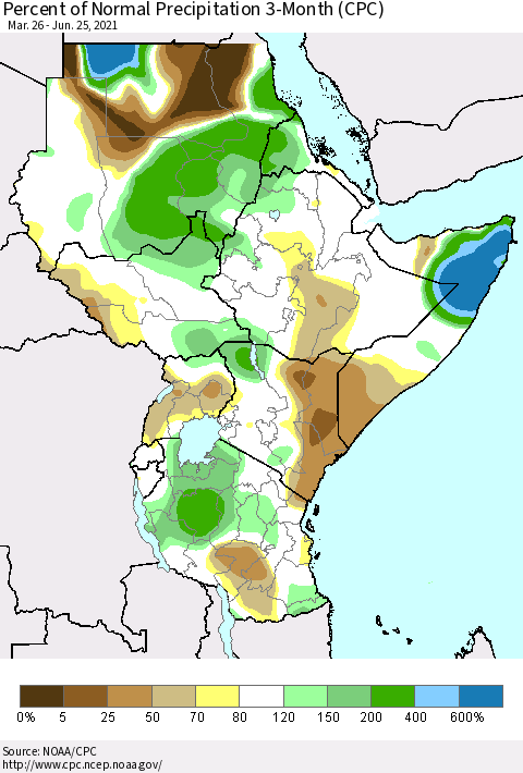 Eastern Africa Percent of Normal Precipitation 3-Month (CPC) Thematic Map For 3/26/2021 - 6/25/2021