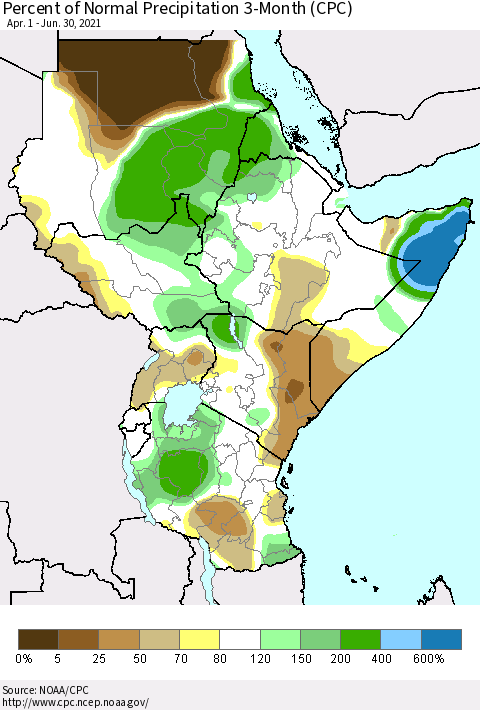 Eastern Africa Percent of Normal Precipitation 3-Month (CPC) Thematic Map For 4/1/2021 - 6/30/2021