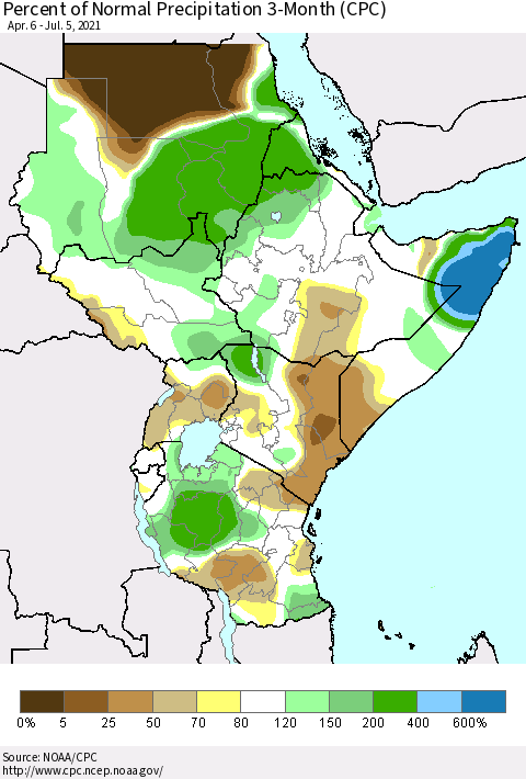 Eastern Africa Percent of Normal Precipitation 3-Month (CPC) Thematic Map For 4/6/2021 - 7/5/2021