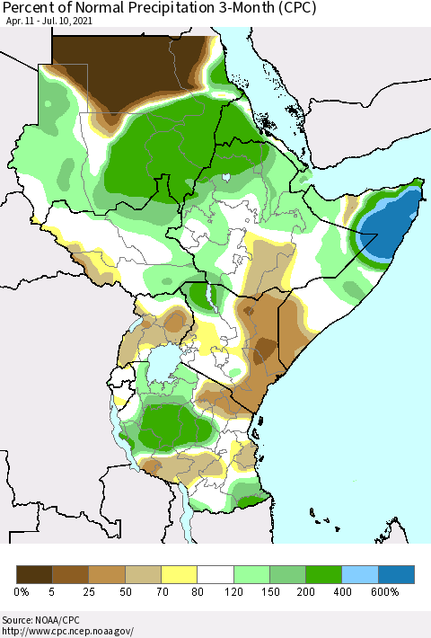 Eastern Africa Percent of Normal Precipitation 3-Month (CPC) Thematic Map For 4/11/2021 - 7/10/2021
