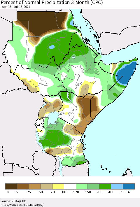 Eastern Africa Percent of Normal Precipitation 3-Month (CPC) Thematic Map For 4/16/2021 - 7/15/2021