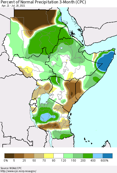 Eastern Africa Percent of Normal Precipitation 3-Month (CPC) Thematic Map For 4/21/2021 - 7/20/2021