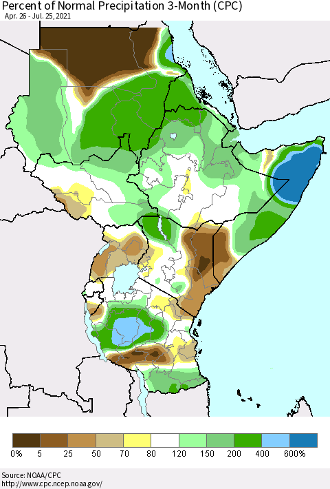 Eastern Africa Percent of Normal Precipitation 3-Month (CPC) Thematic Map For 4/26/2021 - 7/25/2021