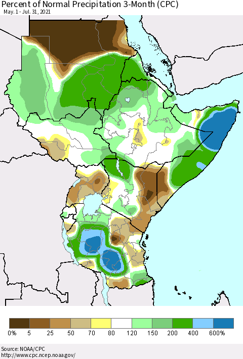 Eastern Africa Percent of Normal Precipitation 3-Month (CPC) Thematic Map For 5/1/2021 - 7/31/2021